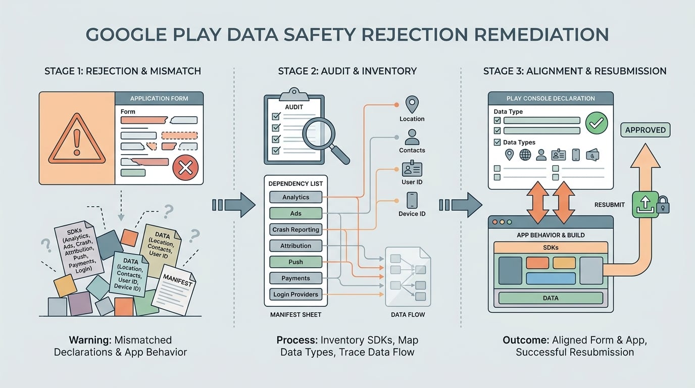 Workflow diagram for fixing a Google Play Data Safety rejection by matching SDK behavior to the Play Console form. Workflow diagram for fixing a Google Play Data Safety rejection by matching SDK behavior to the Play Console form.