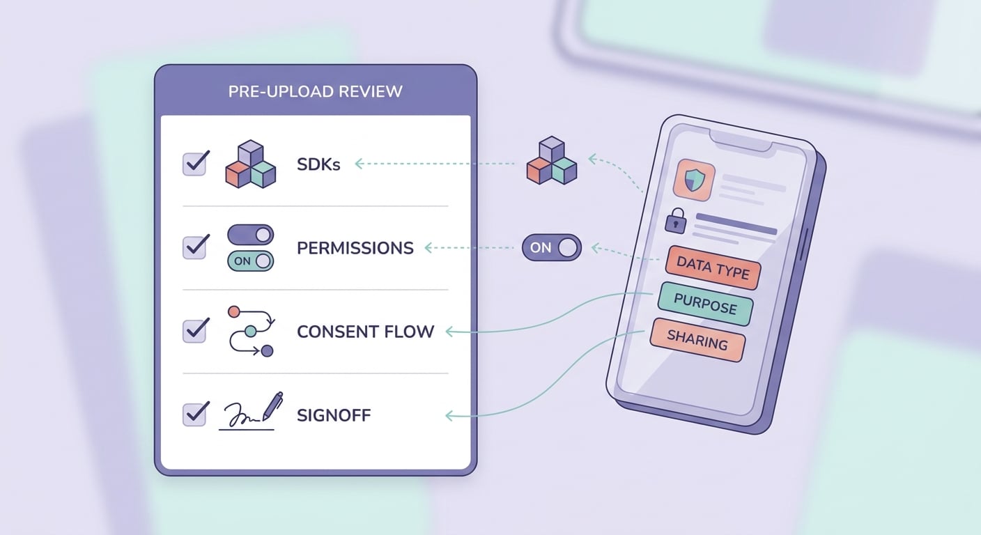 Checklist for auditing a Google Play Data Safety declaration before resubmitting an app build. Checklist for auditing a Google Play Data Safety declaration before resubmitting an app build.