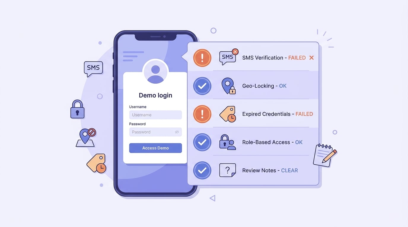 Checklist of common reasons a demo account rejection repeats, including SMS verification, geo-locking, expired credentials, and vague review notes.
