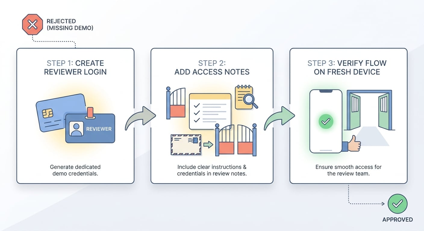 Process diagram showing the fix sequence for a missing demo account rejection: create login, document access, test on a clean device, then resubmit.
