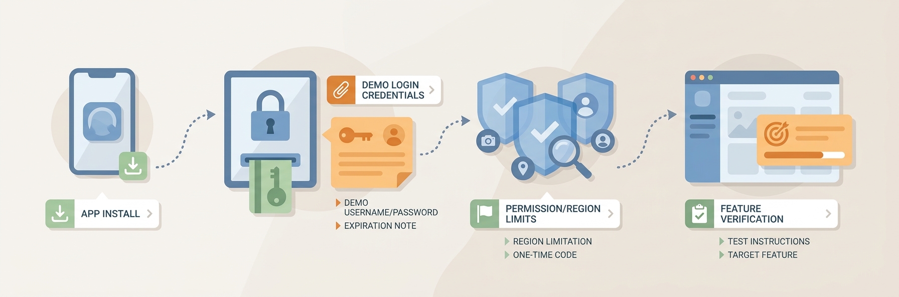 Process diagram showing install, login with demo credentials, and steps to reach the feature a reviewer must test.