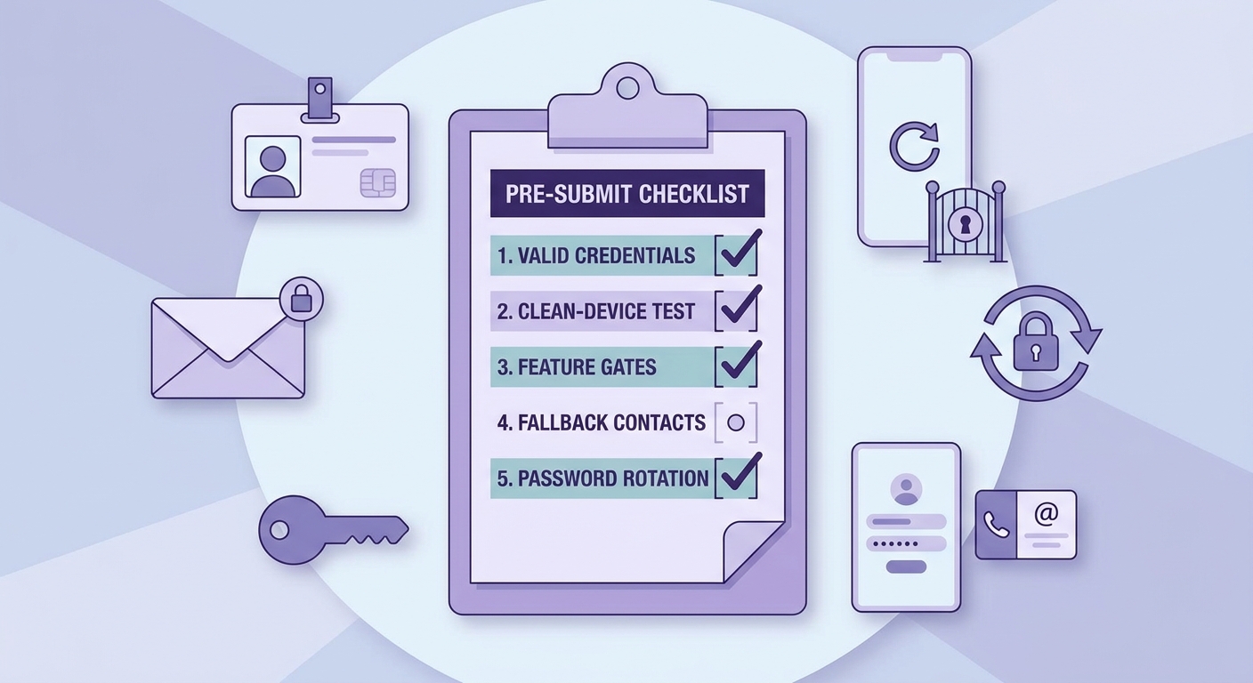 Checklist of final submission readiness items for app review notes, demo credentials, and clean-device testing.