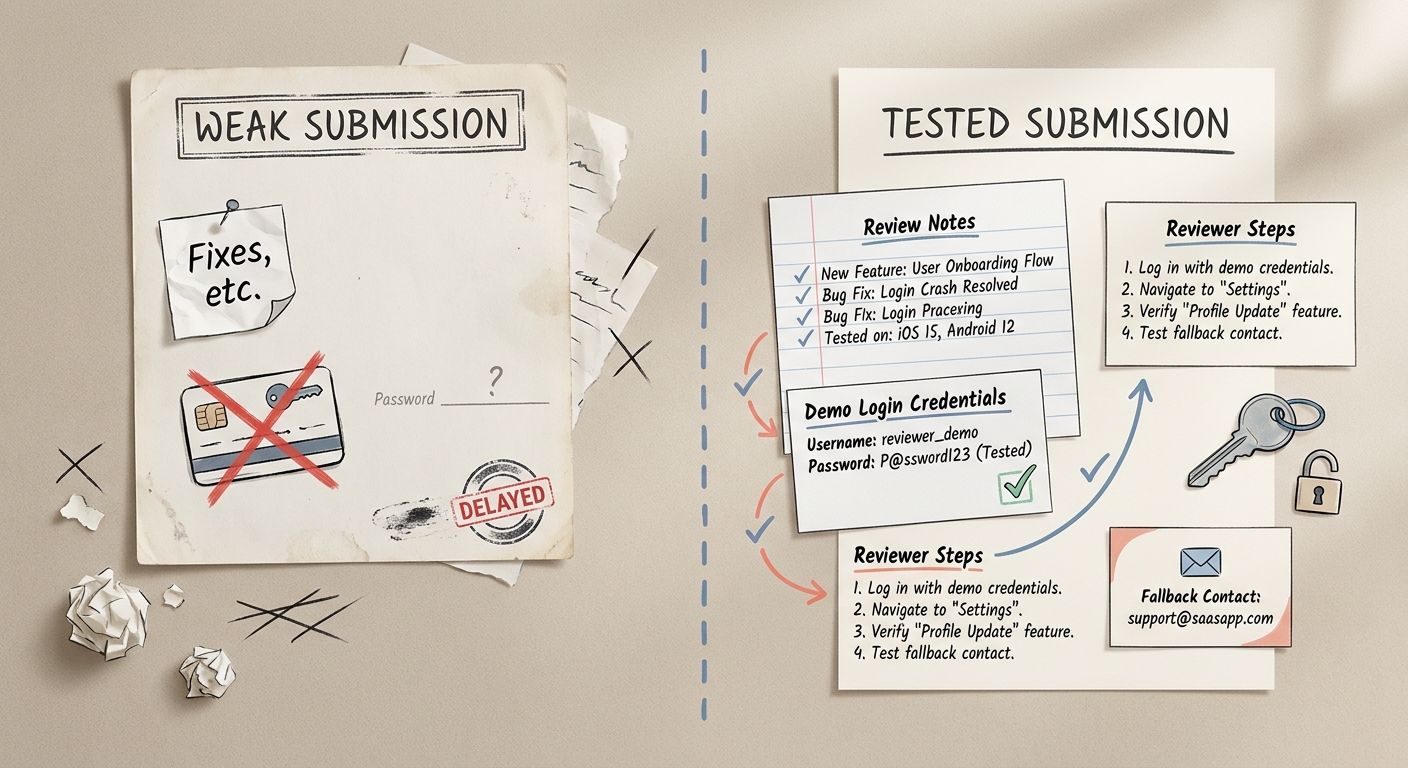 Comparison of a weak app review submission note versus a tested note with demo login credentials and clear reviewer steps.