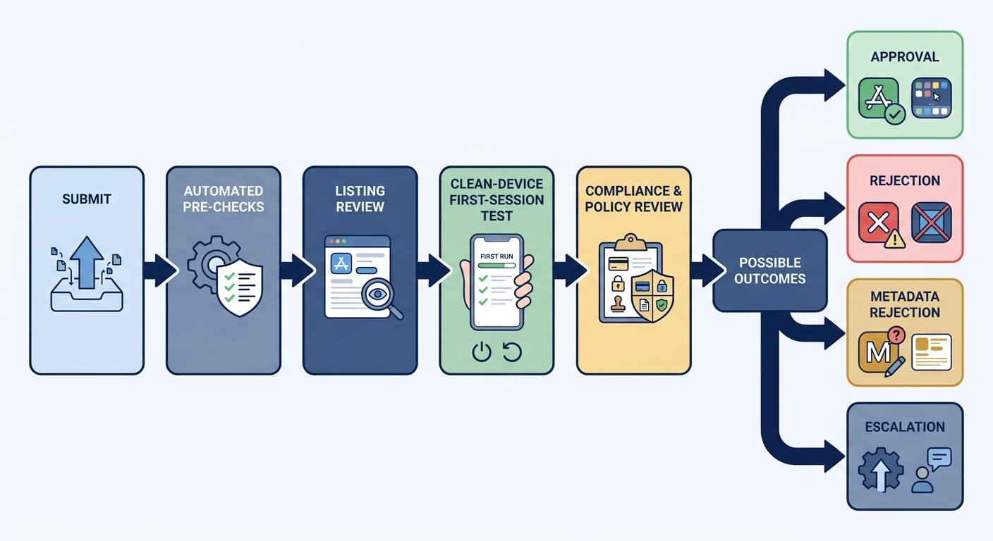 Diagram of the App Store review sequence from submission through automated checks, listing review, first-session testing, policy review, and final outcome. Diagram of the App Store review sequence from submission through automated checks, listing review, first-session testing, policy review, and final outcome.