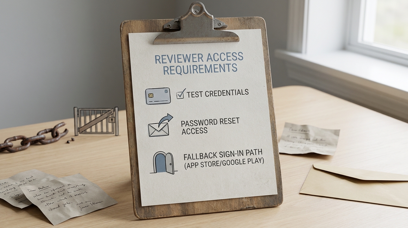 Callout listing reviewer login requirements such as test credentials, password reset, and fallback access for app review. Callout listing reviewer login requirements such as test credentials, password reset, and fallback access for app review.