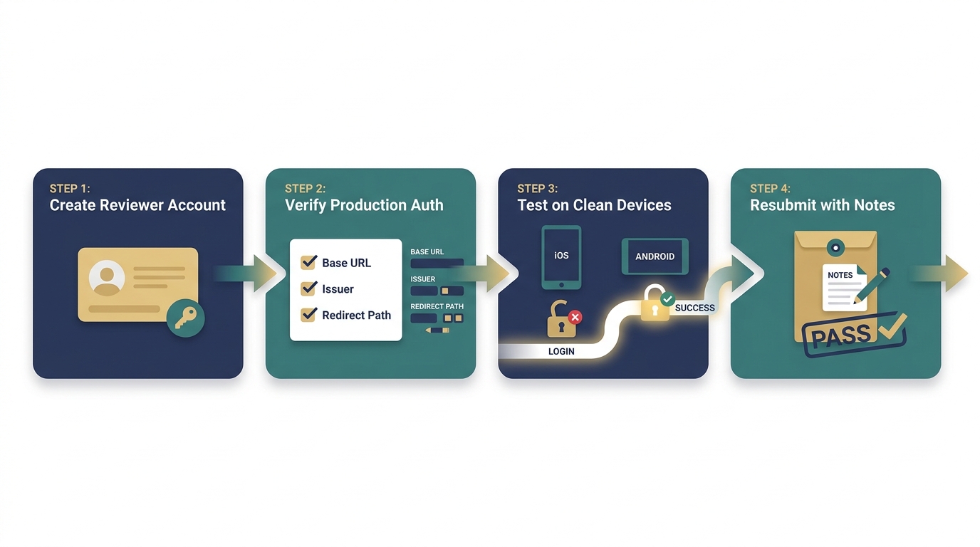 Workflow diagram for fixing app review login by creating reviewer access, testing clean-device sign-in, and documenting the path before resubmission. Workflow diagram for fixing app review login by creating reviewer access, testing clean-device sign-in, and documenting the path before resubmission.