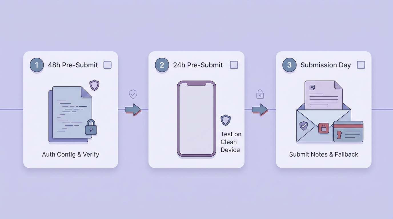Timeline of pre-review login readiness steps from environment verification to clean-device testing and submission notes. Timeline of pre-review login readiness steps from environment verification to clean-device testing and submission notes.