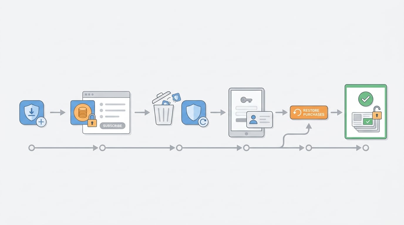 Workflow diagram for testing restore purchases after reinstalling the app and signing in on another device.