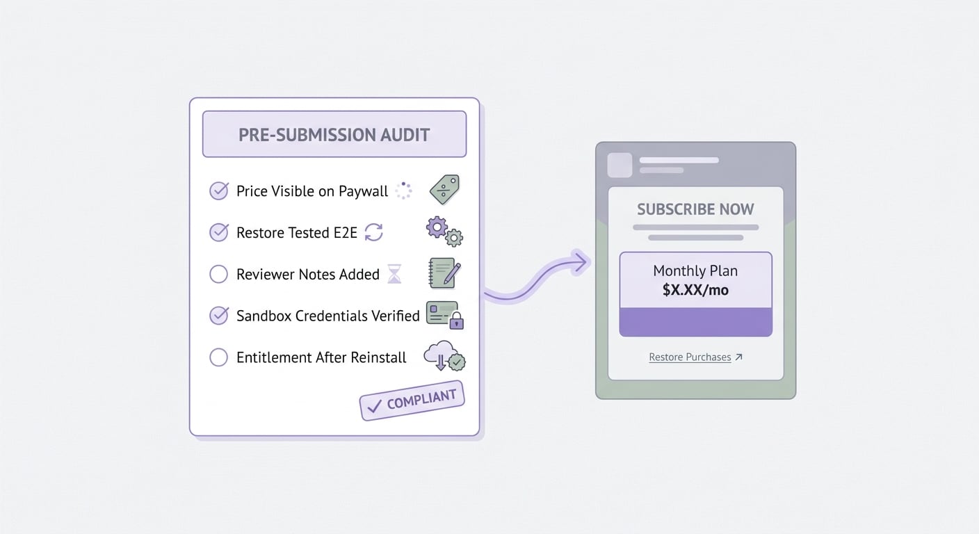 Checklist for resubmitting a subscription app with verified paywall pricing, restore purchases, reviewer notes, and sandbox testing.