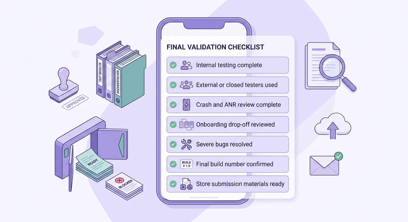 Release readiness checklist for using TestFlight and Google Play testing results before App Store or Google Play production submission. Release readiness checklist for using TestFlight and Google Play testing results before App Store or Google Play production submission.