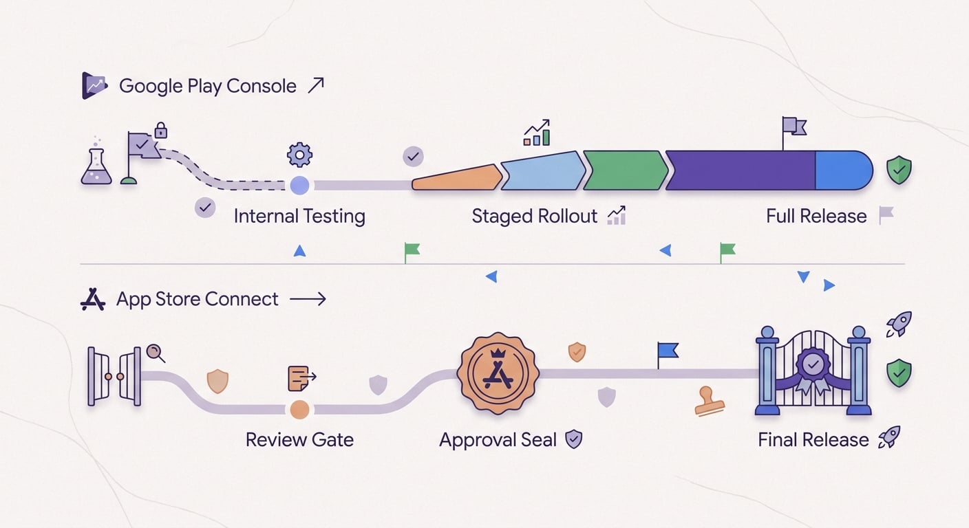 Timeline of app release maturity showing testing, staged rollout, and controlled launch differences between the two consoles.