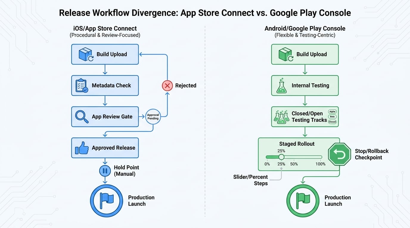 Process diagram comparing App Store Connect submission and Google Play Console rollout steps.