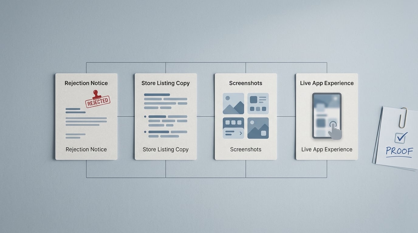 Evidence stack for diagnosing a Google Play rejection: rejection message, store listing, screenshots, and app behavior.