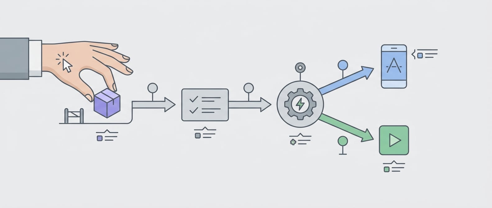 Workflow diagram for publishing one app release to App Store and Google Play using an app publishing tool. Workflow diagram for publishing one app release to App Store and Google Play using an app publishing tool.