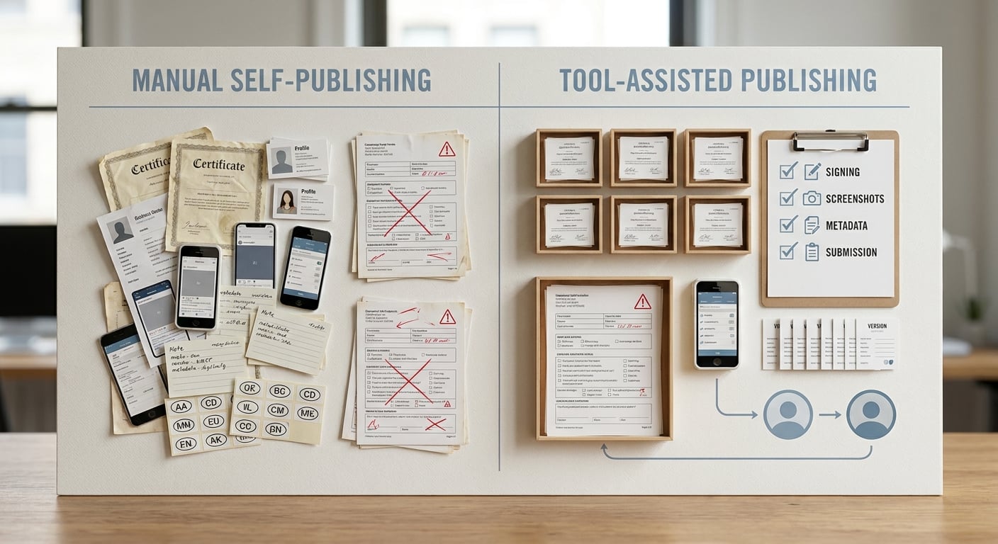 Comparison of manual app publishing steps versus automated app publishing tool workflow for App Store and Google Play. Comparison of manual app publishing steps versus automated app publishing tool workflow for App Store and Google Play.
