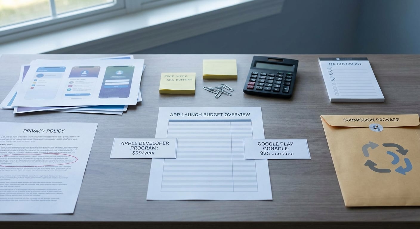 Budget callout showing App Store and Google Play publishing fees plus hidden launch readiness costs.