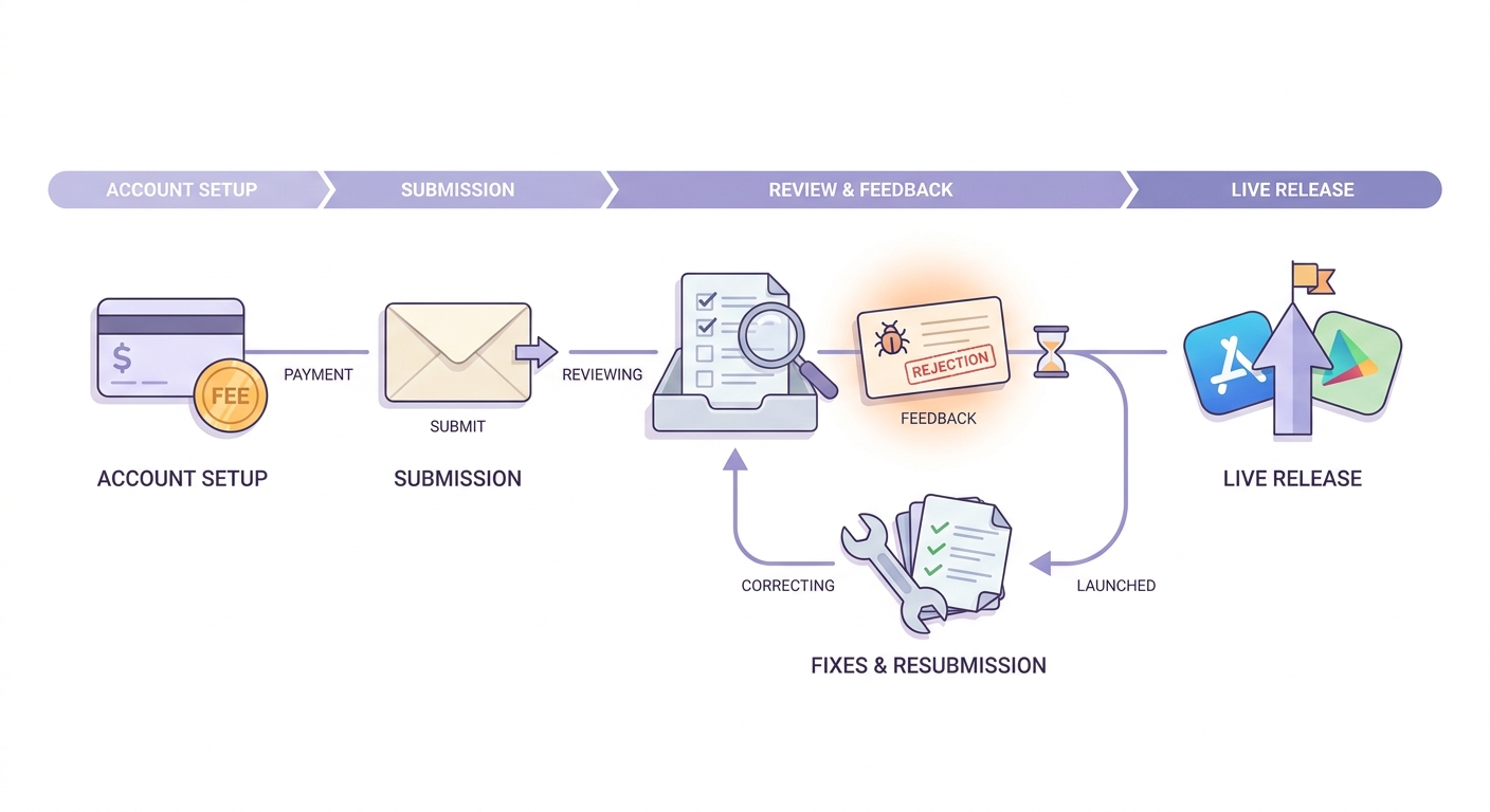 Timeline of app publishing steps from account setup to review, rejection fixes, and launch on App Store and Google Play.