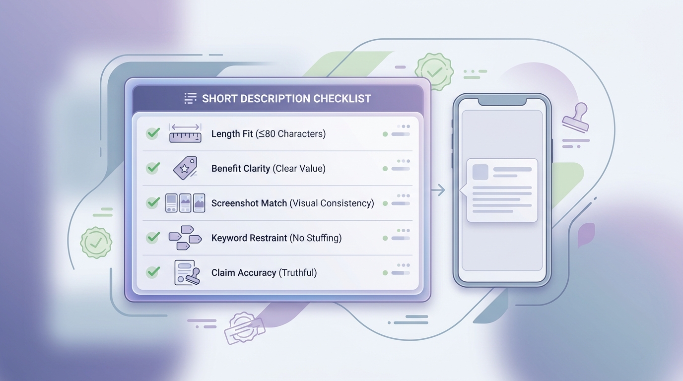 Checklist for reviewing a Google Play short description before publishing.