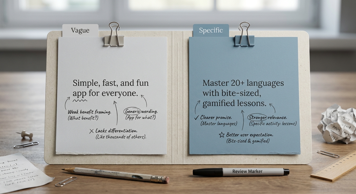 Comparison of vague versus specific Google Play short descriptions with notes on clarity and conversion impact.