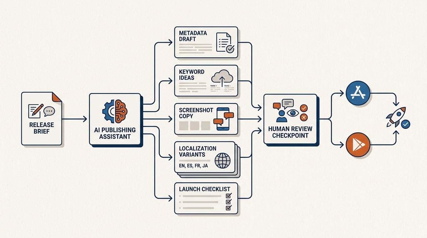 Workflow diagram of AI-assisted app publishing from release brief to store listing and launch checklist outputs.