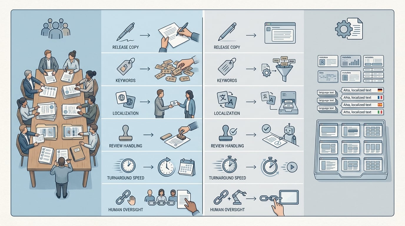 Comparison table of an app publishing agency and an AI publishing assistant across key publishing tasks and operating tradeoffs.