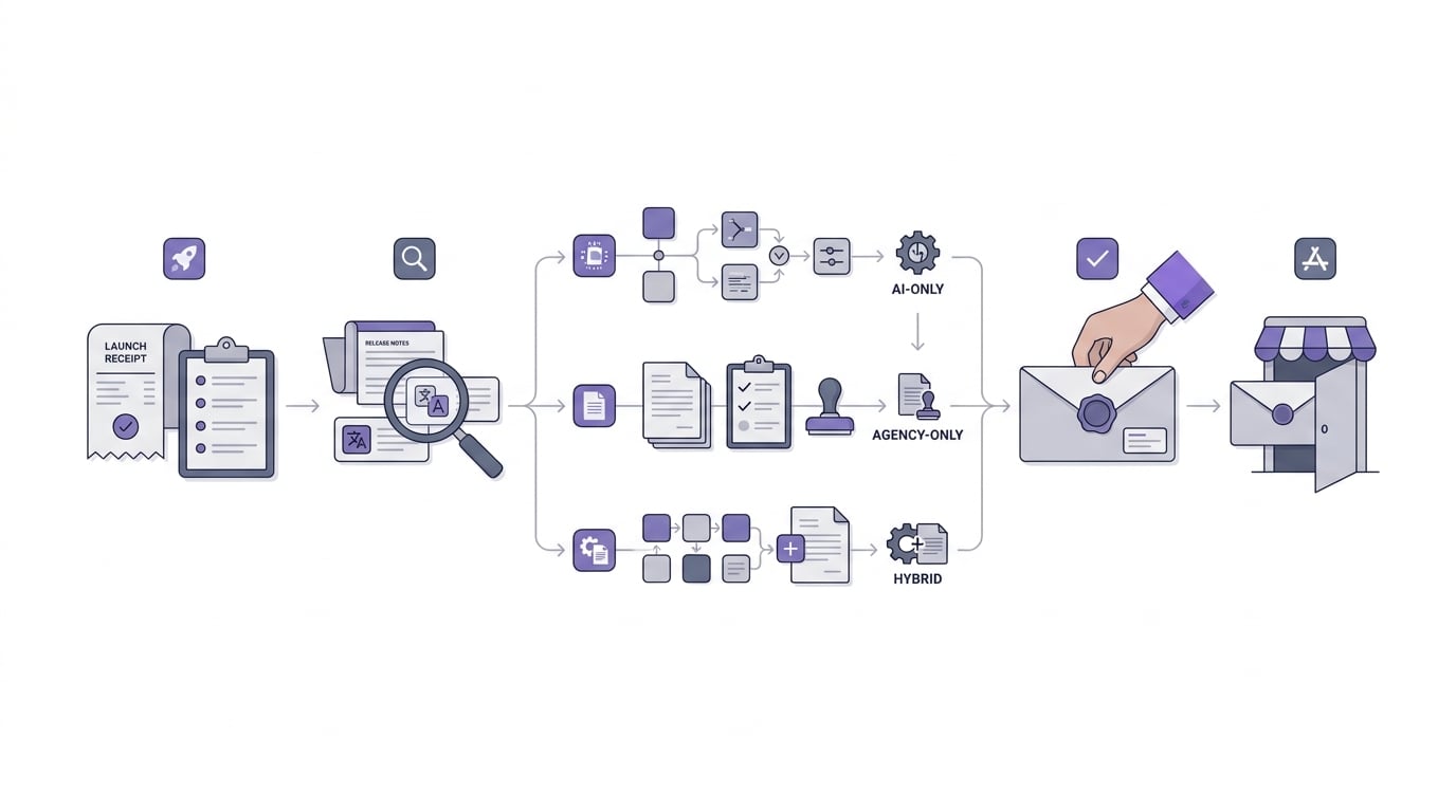Timeline for deciding between an app publishing agency and an AI publishing assistant based on recent launch bottlenecks and review checkpoints.