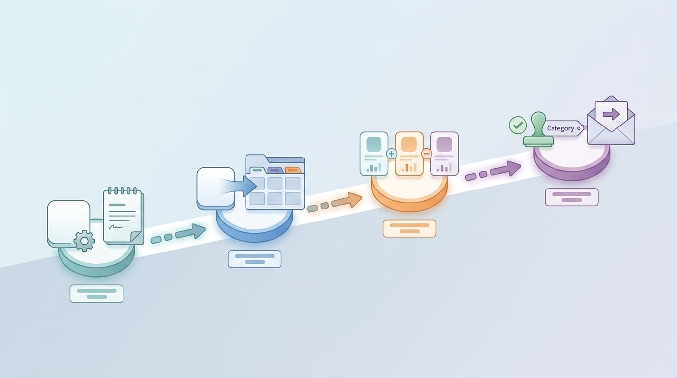 Four-step process diagram for choosing an app store category by defining the app, mapping categories, reviewing competitors, and finalizing the choice.
