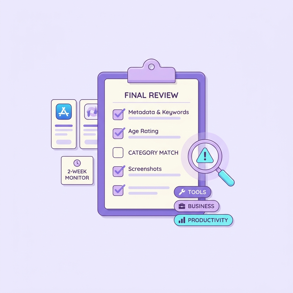 Clean violet editorial illustration of a final pre-launch checklist laid out on a clipboard and floating cards, with checkmarks, a category tag, a warning triangle, and a subtle cyan accent on a magnifier over one item; soft lavender shapes and thin dashboard-style lines on a light background.