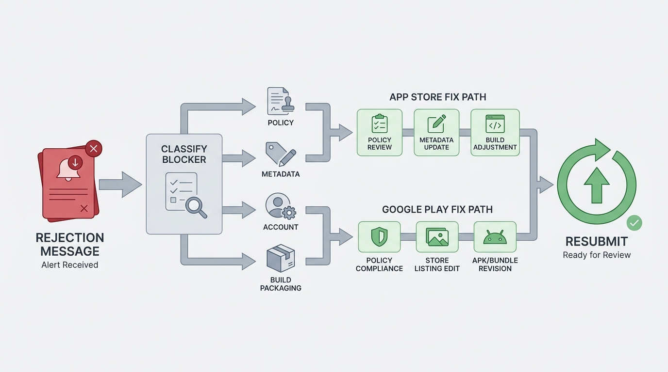 Process diagram showing how to triage a publishing rejection by classifying the blocker and resubmitting after the fix.