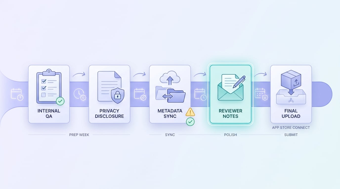 Timeline of steps to prepare an app for Apple review before submission.