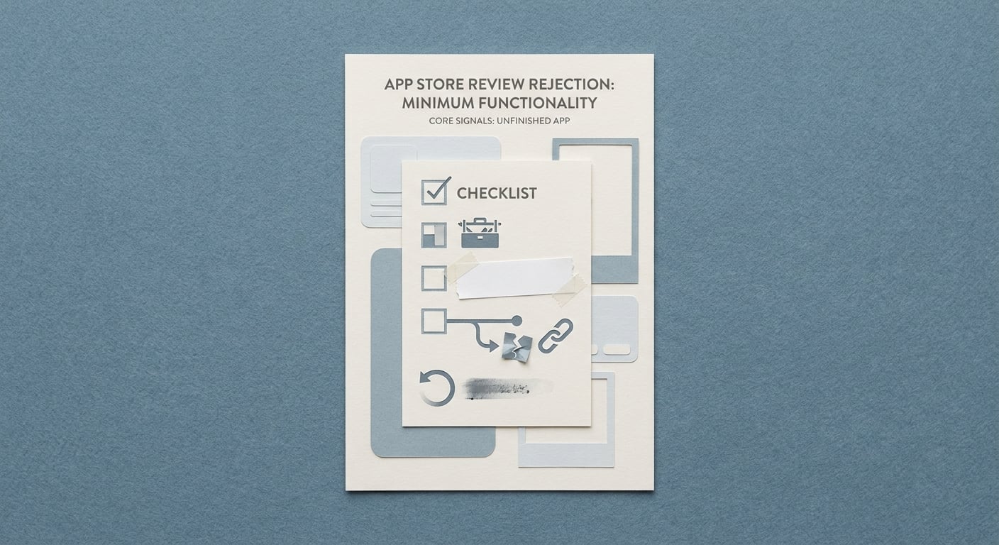 A proof card showing common App Store minimum functionality rejection signals such as placeholder content and thin feature set. A proof card showing common App Store minimum functionality rejection signals such as placeholder content and thin feature set.