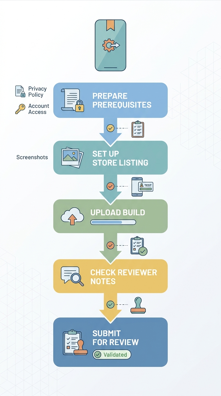 Workflow diagram of the first mobile app publishing process from preparation to submission and review.