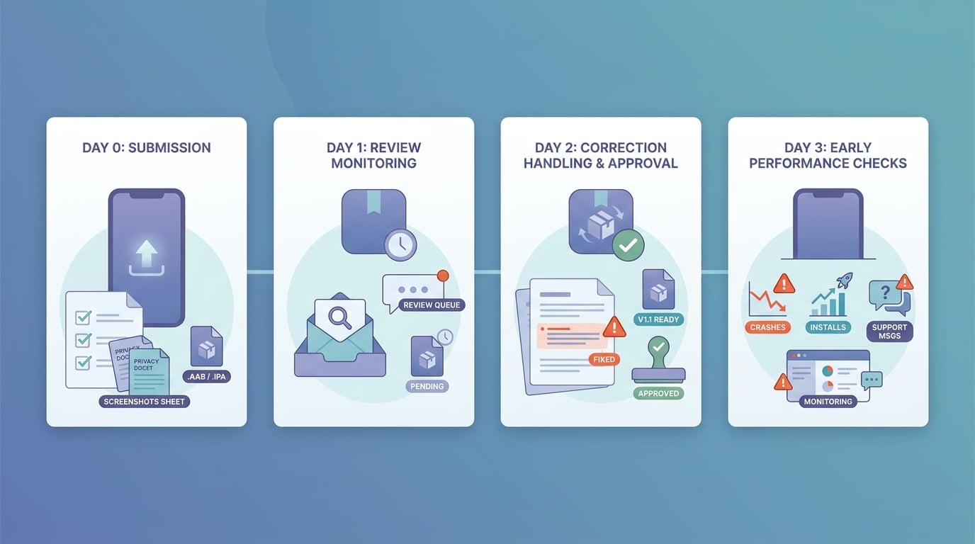 Timeline of the first 72 hours after publishing a mobile app, from submission to early monitoring.