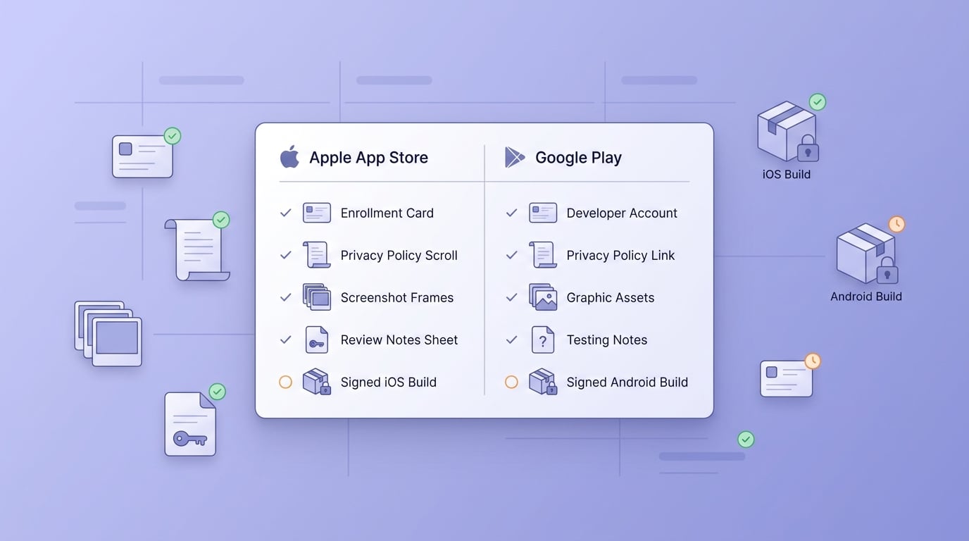 Checklist showing App Store and Google Play publishing requirements for a first app launch.
