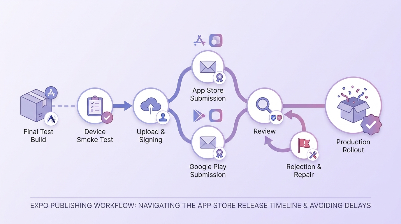 Timeline for testing, submitting, reviewing, and launching an Expo app on both app stores. Timeline for testing, submitting, reviewing, and launching an Expo app on both app stores.