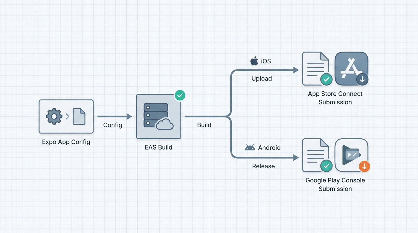 Workflow diagram of publishing an Expo app to App Store and Google Play through EAS Build and store consoles. Workflow diagram of publishing an Expo app to App Store and Google Play through EAS Build and store consoles.