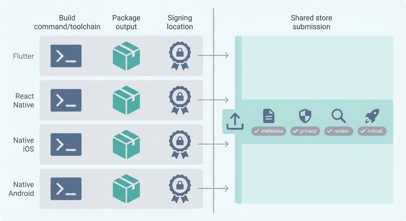 Comparison matrix showing that Flutter, React Native, and native apps differ in build tooling and signing setup but share the same store metadata, privacy, review, and rollout steps after upload. Comparison matrix showing that Flutter, React Native, and native apps differ in build tooling and signing setup but share the same store metadata, privacy, review, and rollout steps after upload.