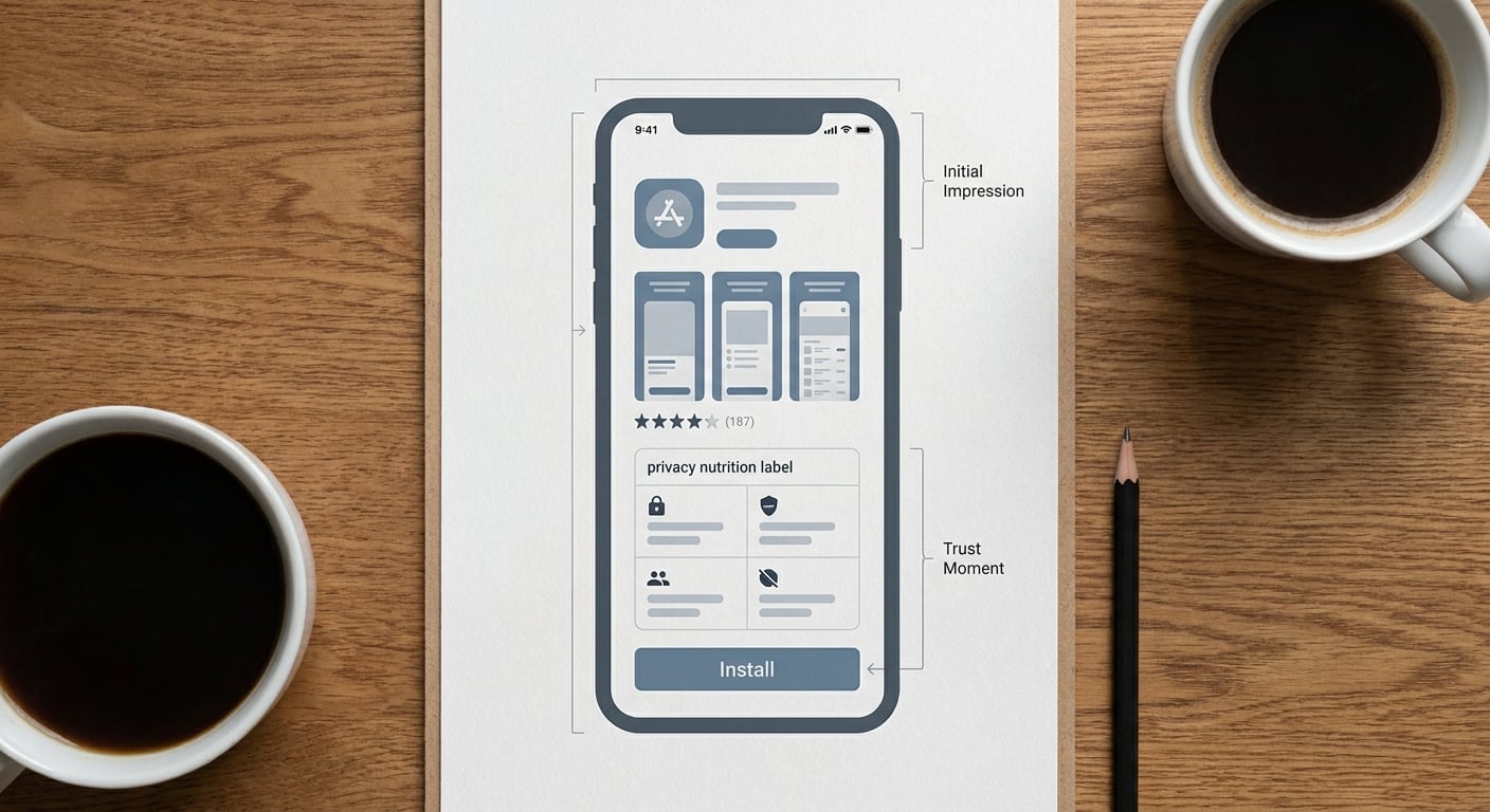 App Store page decision path showing icon, screenshots, ratings, privacy label, and install button in sequence.