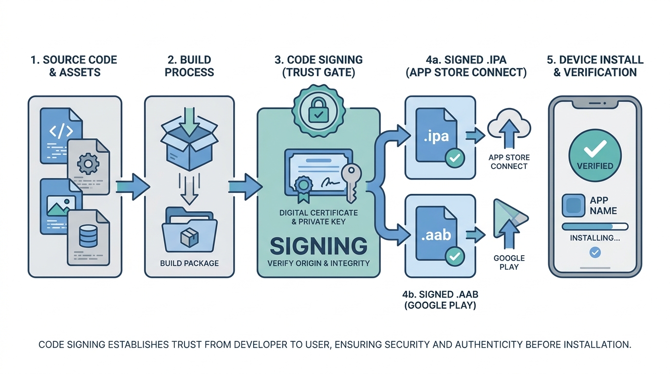 Process diagram of code signing from build to app store to device verification for founders.