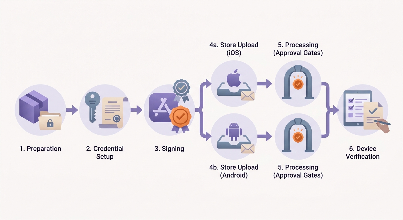 Timeline of a founder's code signing workflow from credentials to app store upload and device verification.