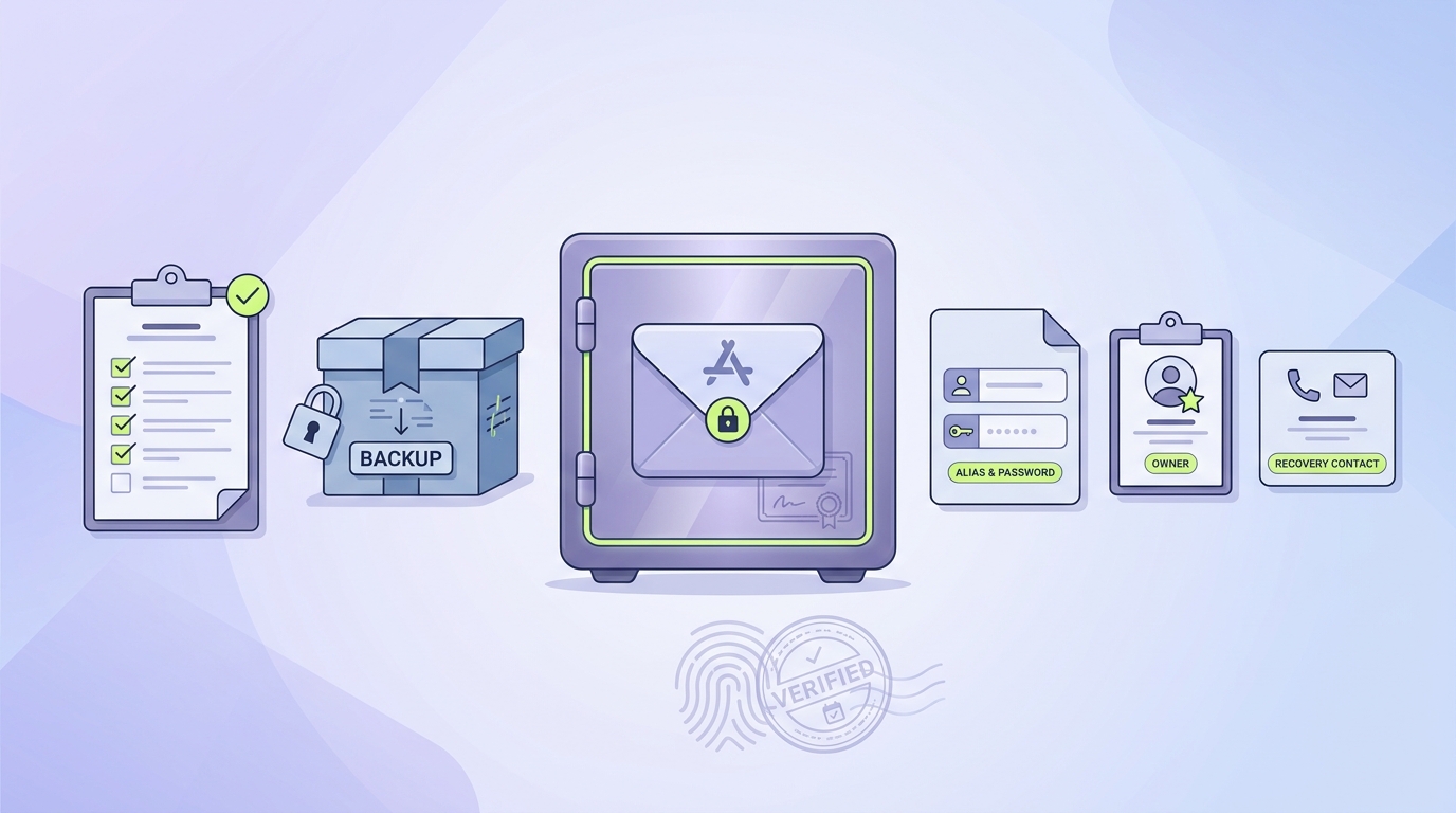 A checklist for protecting an Android release keystore with encrypted backup, documented alias details, owner assignment, and recovery contact.