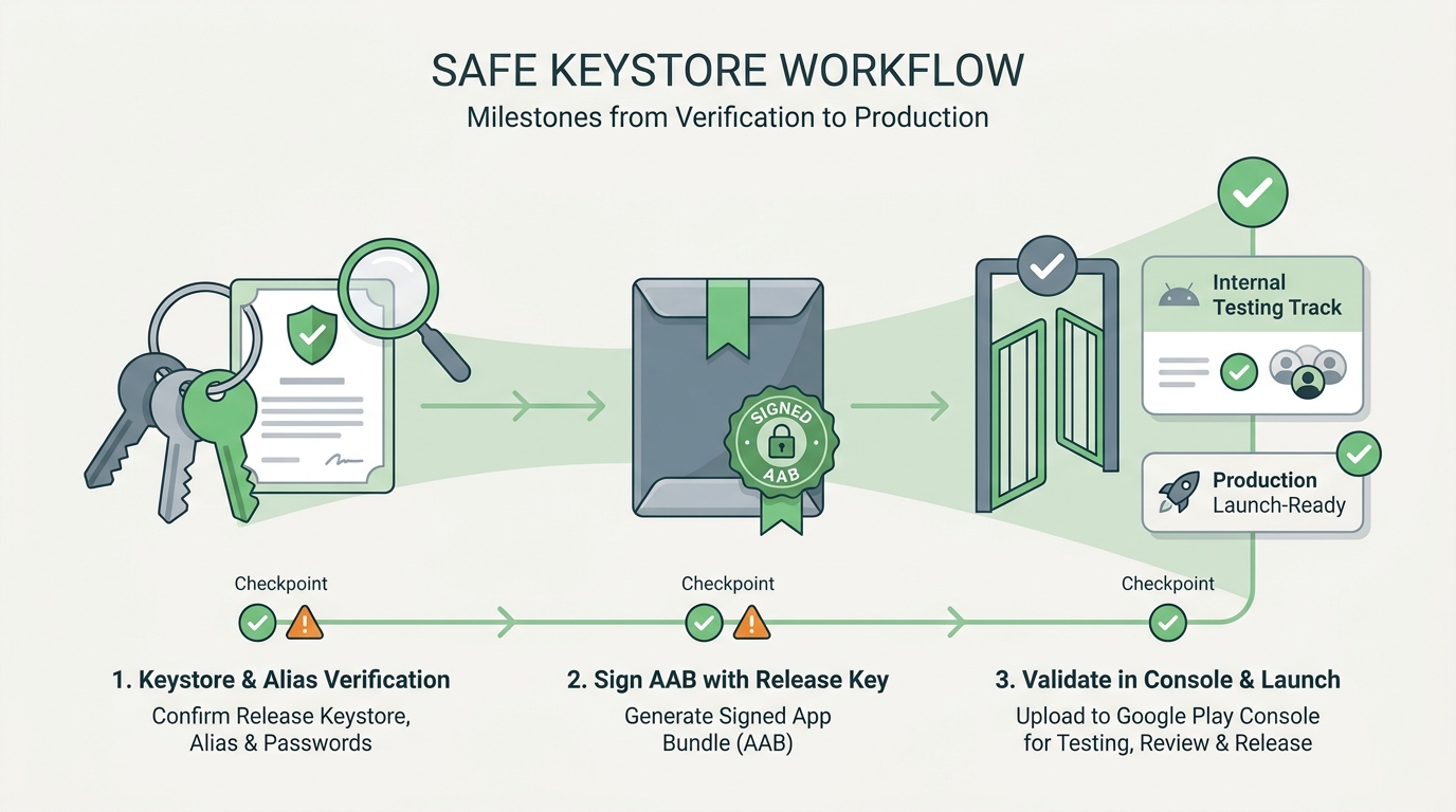 A release flow from keystore verification to signed build creation to Play Console internal-track validation.