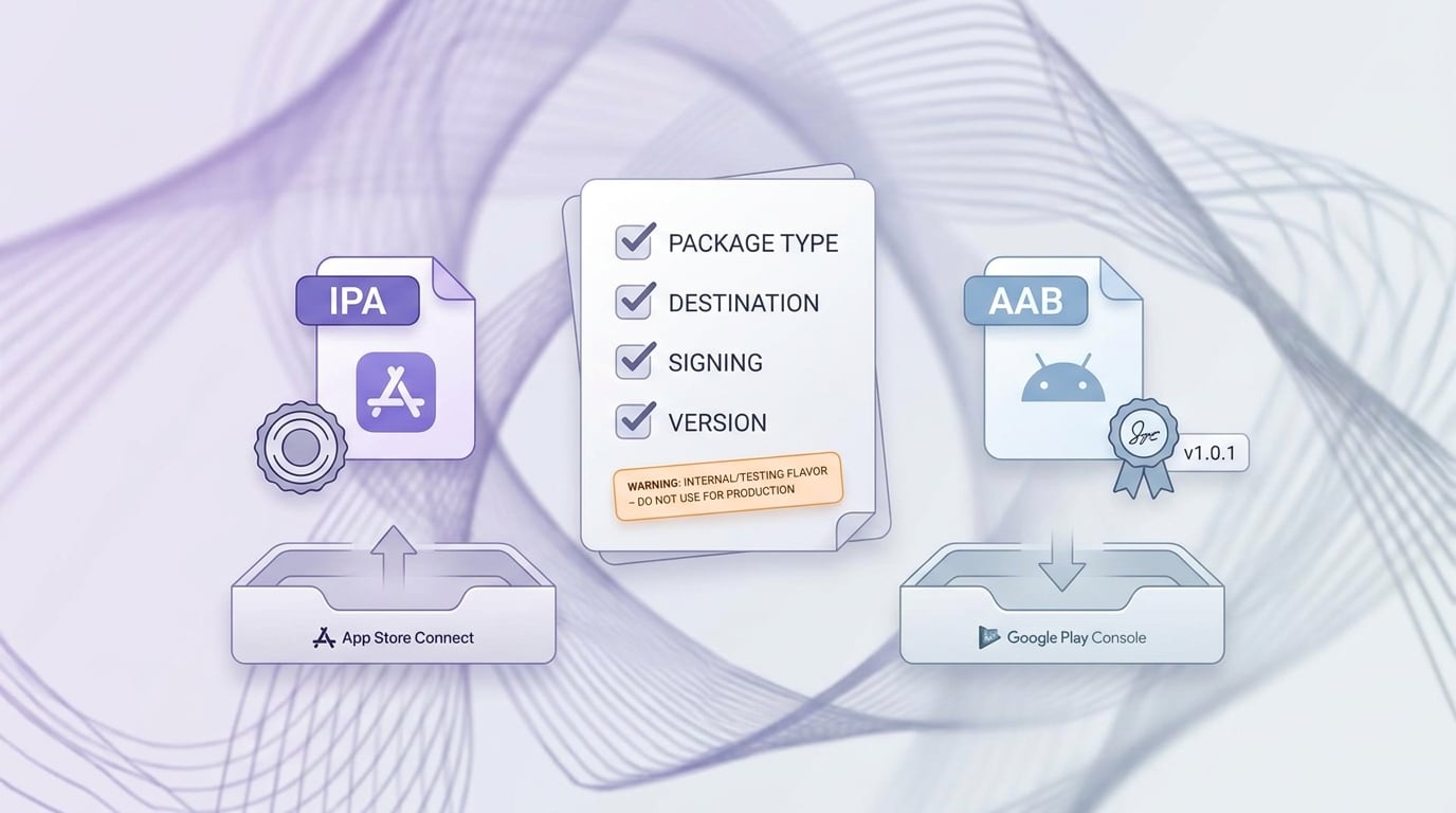 Pre-upload checklist for confirming IPA or AAB before app store submission.