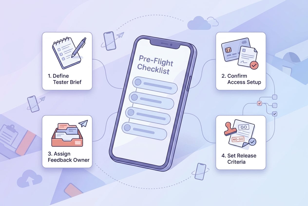 Checklist for non-technical founders preparing a TestFlight beta, including tester brief, access setup, and release criteria.