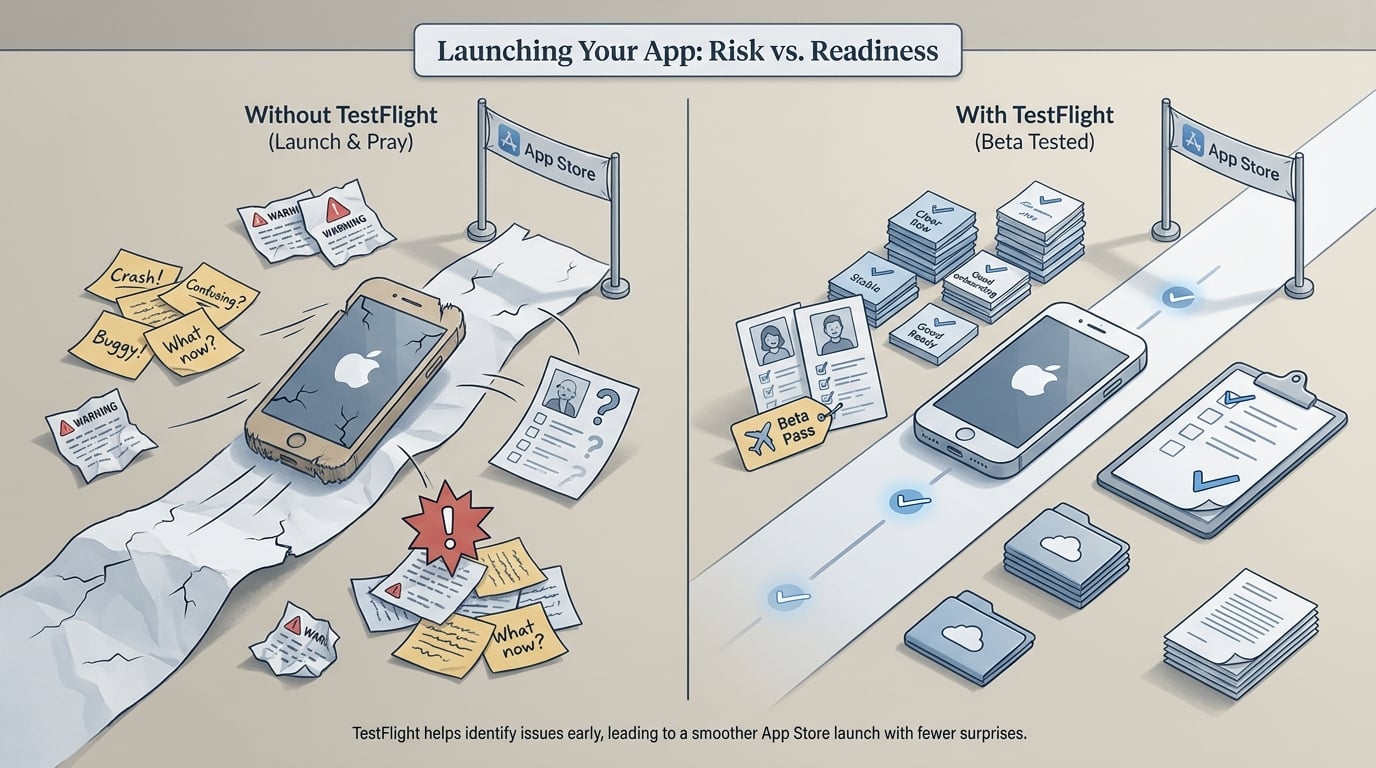 Comparison of launching an iPhone app without TestFlight versus after a TestFlight beta round, showing fewer surprises and better launch readiness.