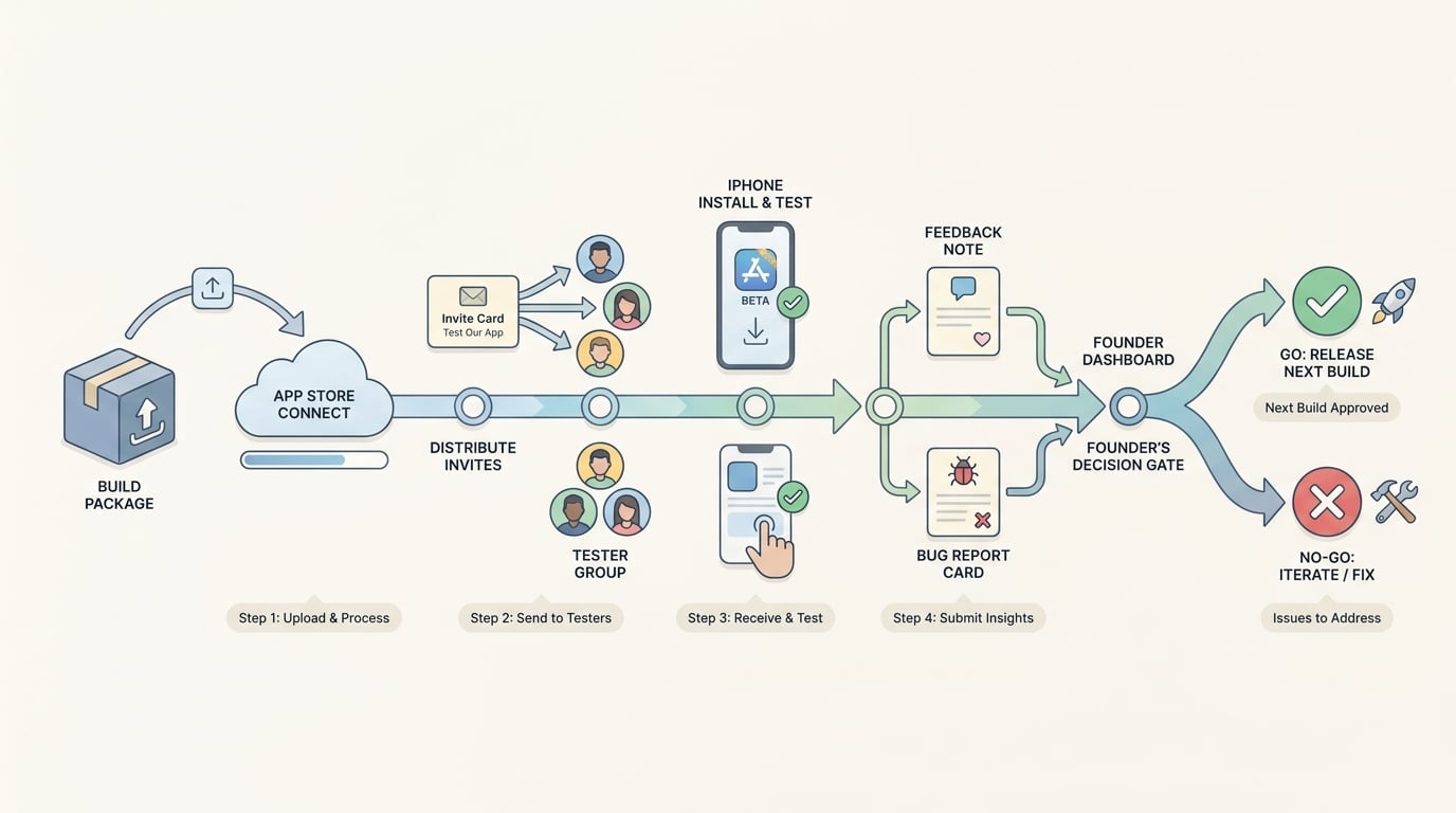Workflow diagram of TestFlight from build upload to tester feedback and release decision.