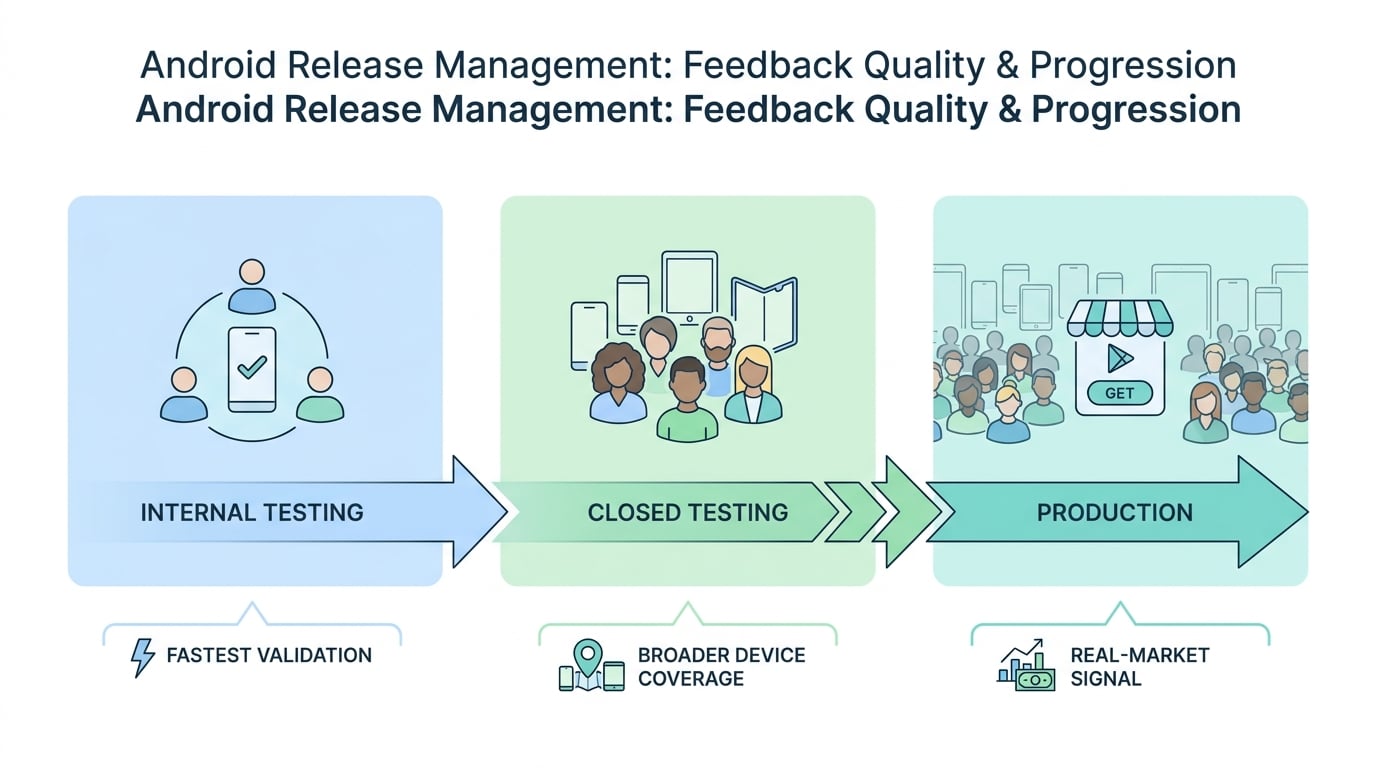 Process diagram showing feedback progression from Internal Testing to Closed Testing to Production on Google Play.