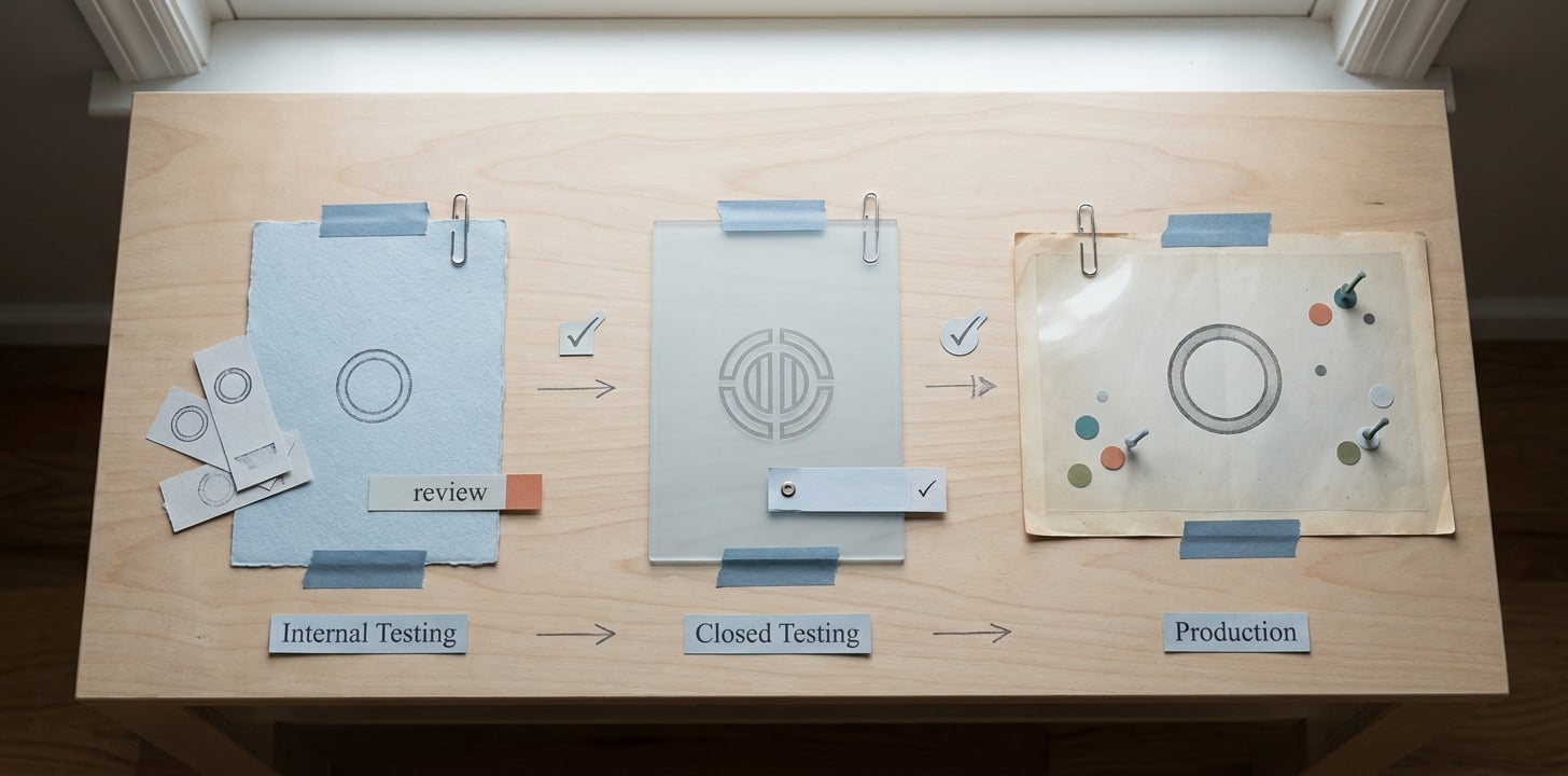 Comparison table of Google Play Internal Testing, Closed Testing, and Production by access, friction, and use case.