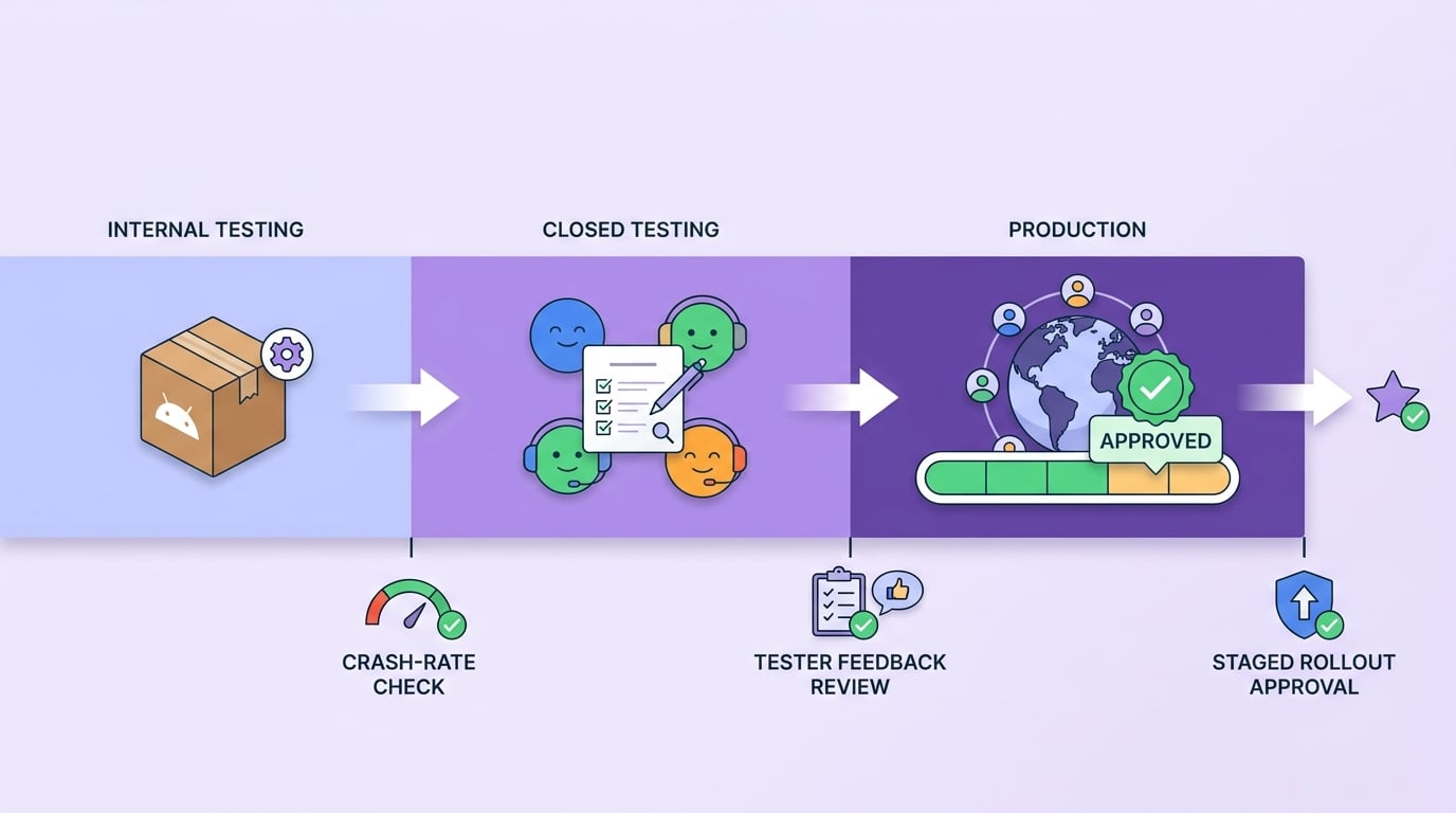 Timeline of an Android release workflow from Internal Testing through Closed Testing to Production.
