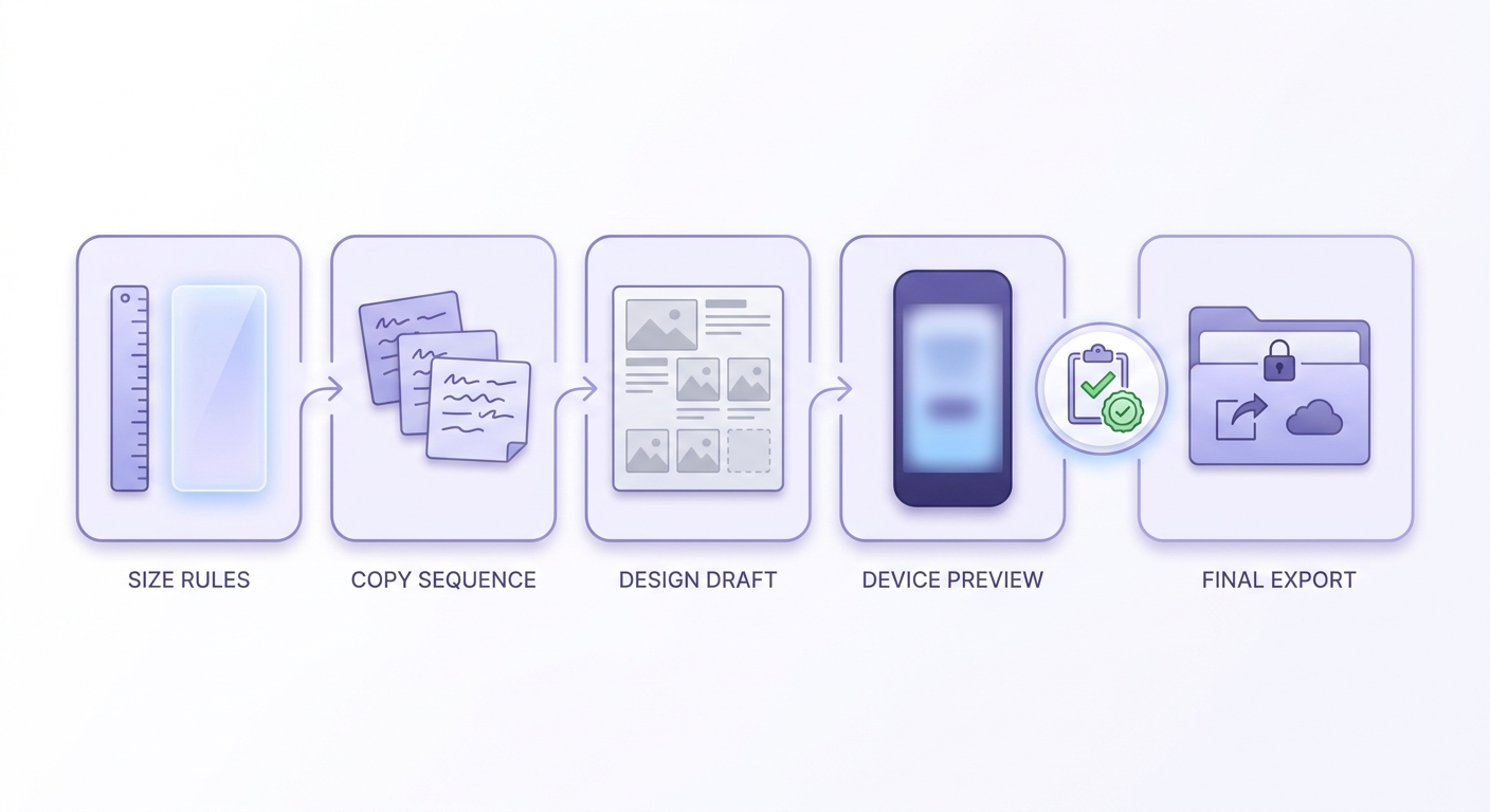 Timeline of the App Store screenshot workflow from size check to message planning, design, preview, and export.